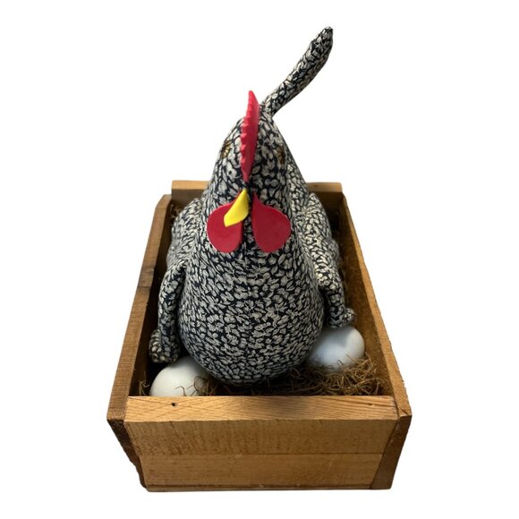 Vintage Handmade Fabric Hen in Wooden Nesting Box – Country Farmhouse Decor – St - Picture 2 of 5